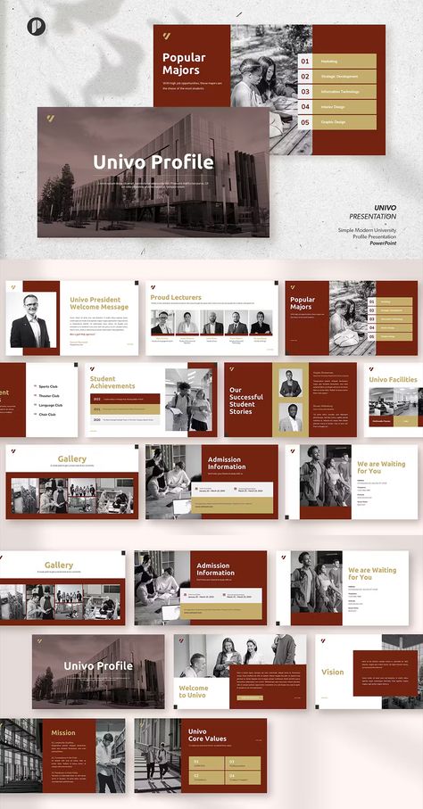 Modern University Profile PowerPoint Presentation Template. 15 unique slides. College Powerpoint Presentation, Portfolio Design Ideas Student, Power Point Aesthetic, College Presentation, Computer Presentation, Powerpoint Presentation Themes, Modern University, Profile Layout, Catalog Design Layout