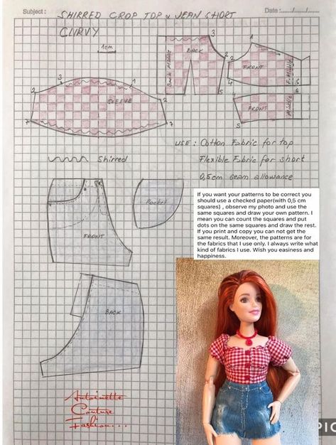 Curvy Barbie Clothes Patterns Free, Shirred Crop Top, Barbie Dress Pattern, Made To Move Barbie, Sewing Barbie Clothes, Barbie Sewing Patterns, Barbie Doll Clothing Patterns, Diy Barbie Clothes, Top Jean