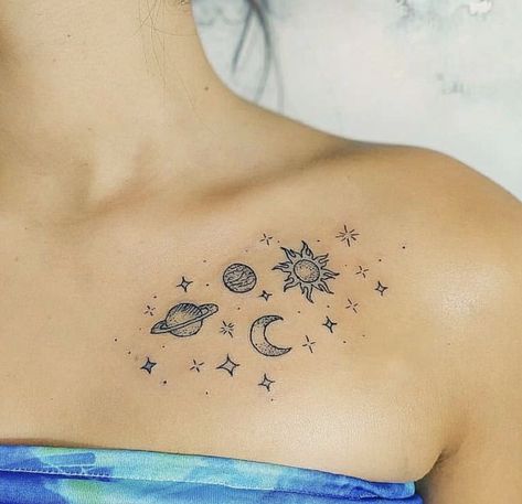 Space Collar Bone Tattoo, Spooky Collar Bone Tattoo, Collar Bone Tattoo Ideas, Cool Space Tattoos, Space Tattoo Ideas, Clavicle Tattoo, Space Tattoos, Moon Phases Tattoo, Belly Tattoo