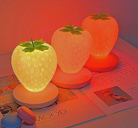 Red Lamp Aesthetic, Red Orange Yellow Aesthetic, Orange Yellow Aesthetic, Strawberry Lights, Strawberry Lamp, Peach Rooms, Salted Granola, Orange Rooms, Bedroom Stuff