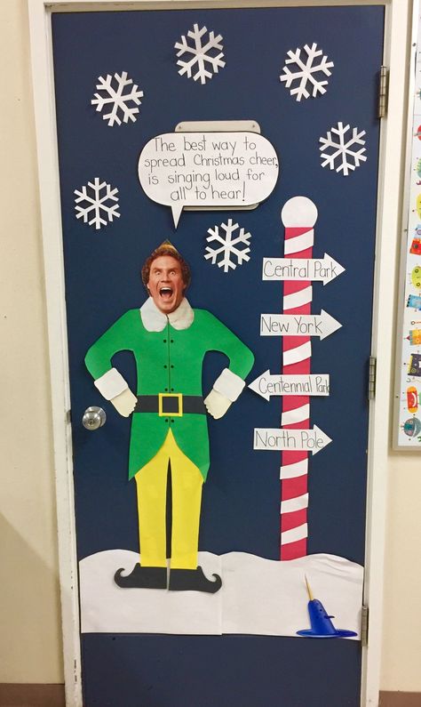 Christmas door 🚪 Christmas Door Decorating Contest Movie Theme, Elf Movie Door Decorating Contest, Elf Christmas Door Decorating Contest, Door Decorating Christmas Office, Christmas Classroom Door Funny, Elf Themed Door Decorations, Elf Movie Door Decorations Classroom, Christmas Door Decorating Contest Schools Easy, Christmas Movie Classroom Door