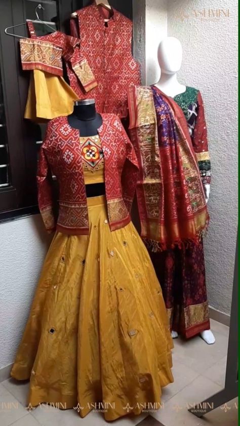 Patola Suit Designs, Patola Chaniya Choli, Dresses From Saree, Outfit From Saree, Indo Western Dress For Girls, Dress From Saree, Indian Style Dress, Floral Blouse Designs, Couple Dance Songs