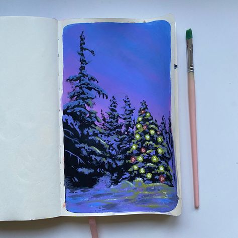 Gouche Christmas Painting, Christmas Cards Gouache, Christmas Card Painting Ideas Acrylic, Gouache Christmas Painting, Gouache Christmas Card, Winter Gouache, Christmas Tree Acrylic Painting, Gouache Christmas, Christmas Gouache