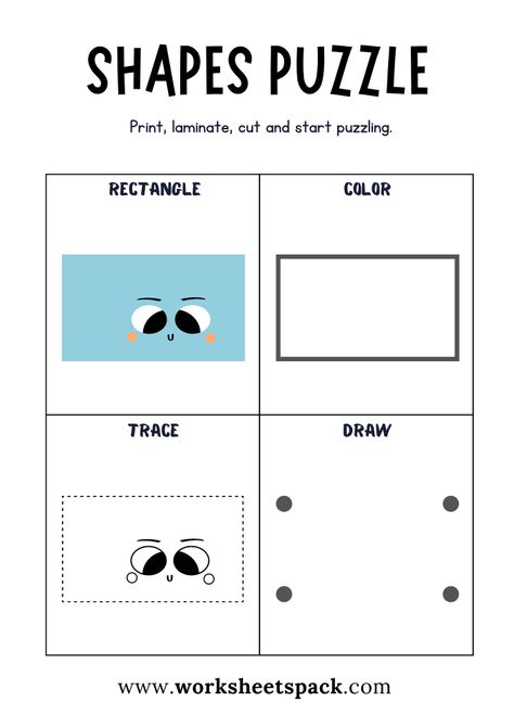 Shapes Puzzle Worksheets Free Printable, Rectangle Puzzle Game for Students - Printable and Online Worksheets Pack Rectangle Worksheet, Rectangle Worksheet Preschool, Rectangle Activities For Preschool, Shape Worksheets For Preschool, Kids Handwriting Practice, Early Childhood Education Activities, Fun Worksheets For Kids, Preschool Fine Motor Activities, Kids Handwriting