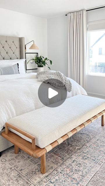 Alex Fontaine | Design•Styling•Decor on Instagram: "Dream bench coming through! 🥰 @safavieh made this bench using high quality materials that will stand the test of time. I love the white oak and leather detail. My favorite part is the size! Perfect for the end of your bed! 
———————————————————————————————————
#gifted" Couch End Of Bed, King Bedframe Ideas, Bed Stool, Bed Legs, End Of Bed Bench, Primary Bedroom, Bed Bench, Bedroom Bench, Leather Detail