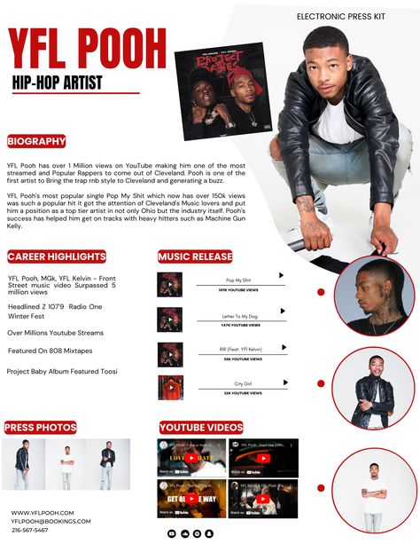 This 1-page electronic press kit template for bands, singers, and musicians is the perfect way to professionally introduce yourself to venues, festivals, press, and promotors ready to land the gig of your dreams! The media kit template for music artists includes an artist's bio, links to your music, photos, a summary of your past performances, and your contact details. You can input all of your own information, including your own photos, in this pre-made electronic press kit template. Epk Press Kit Music Design, Dj Portfolio, Press Kit Design, Canva Backgrounds, Press Kit Template, Electronic Press Kit, Press Kits, Digital Retail, Media Kit Template