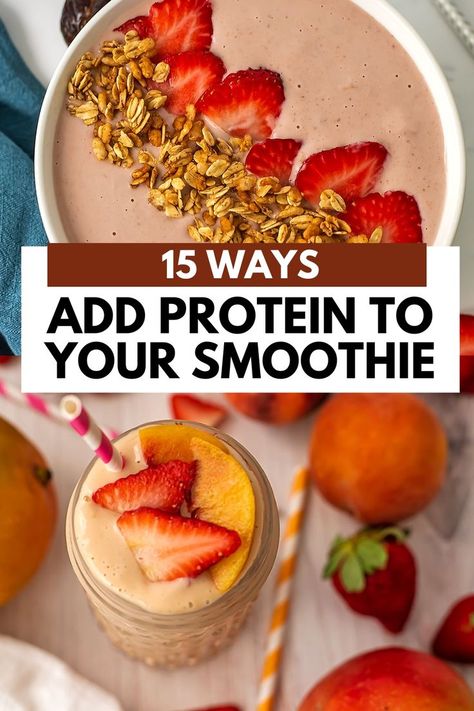 Smoothie bowl with granola and strawberries and a strawberry peach mango smoothie in a glass. Add Protein To Smoothies, Protein Powder And Greek Yogurt, Best Whey Protein Powder, Clean Eating Smoothies, Protein Powder Smoothie, Best Whey Protein, Smoothie Packs, More Protein, Whey Protein Powder