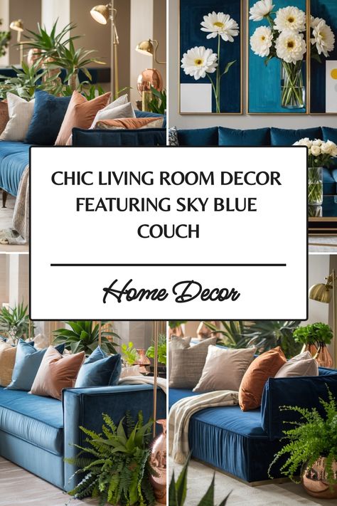 Chic living room with a sky blue couch, green plants, and decorative pillows. Blue Couch Living Room Decor, Living Room With Blue Sofa, Sky Blue Couch, Room With Blue Sofa, Kitchen Flooring Trends, Blue Couch Living, Blue Sofa Living, Light Blue Sofa, Blue Sofas Living Room