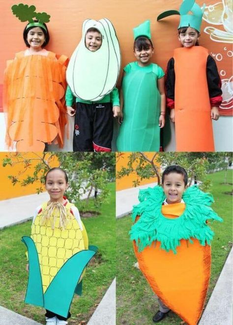 Fruit & Vegetable Costumes for Kids - Homemade Fancy Dresses - Kids Art & Craft Vegetable Costumes For Kids Diy, Fruit Costumes, Diy Fruit Costume, Outfit Ideas For Church, Fancy Dress Ideas For Kids, Fruit Clothes, Vegetable Costumes, Corn Costume, Fancy Dress Ideas