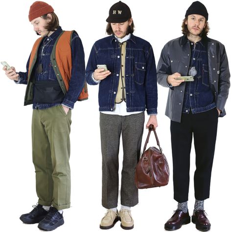 A denim jacket worn in 3 differents ways.  Classic style , workwear, military inspiration. 3 Ways To Wear, Types Of Fashion, Vintage Workwear, Types Of Fashion Styles, Classic Style, Work Wear, Denim Jacket, Bomber Jacket, Ootd