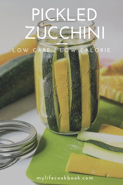 If you are looking for a keto snack and love pickles, try this easy low carb refrigerator pickled zucchini recipe. Use up some of the garden zucchini to make this quick pickle. You just need a few everyday ingredients and to make this healthy and tasty pickle.  Only 2 calories per piece and 0.3g net carbs! #pickles #refrigeratorpickles #pickledzucchini #zucchini #gardenzucchini #lowcalorie #Lowcarb #snack Pickled Squash Recipe, Pickled Zucchini, Snack Love, Garden Zucchini, Quick Pickle, Low Carb Low Calorie, Zucchini Pickles, Zucchini Recipe, Refrigerator Pickles