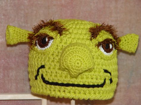 Shrek inspired Crochet Shrek Bucket Hat Pattern Free, Shrek Headphones Crochet, Shrek Beanie Crochet, Shrek Bucket Hat Crochet Pattern, Shrek Crochet Pattern, Shrek Crochet, Beanie Crochet, Crocheting Ideas, Animal Hats