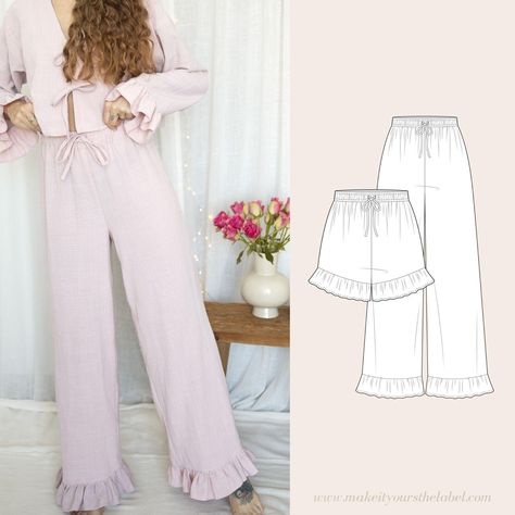 Ruffled Pyjama Pants / Shorts with elastic waist PDF Sewing Pattern 12 sizes Loungewear English - Etsy.de Wide Leg Lounge Pants, Pants With Elastic Waist, Pants Sewing Pattern, Ruffle Pants, Pajama Pant, Womens Sewing Patterns, Sewing Design, Pajama Bottoms, Front Tie Top