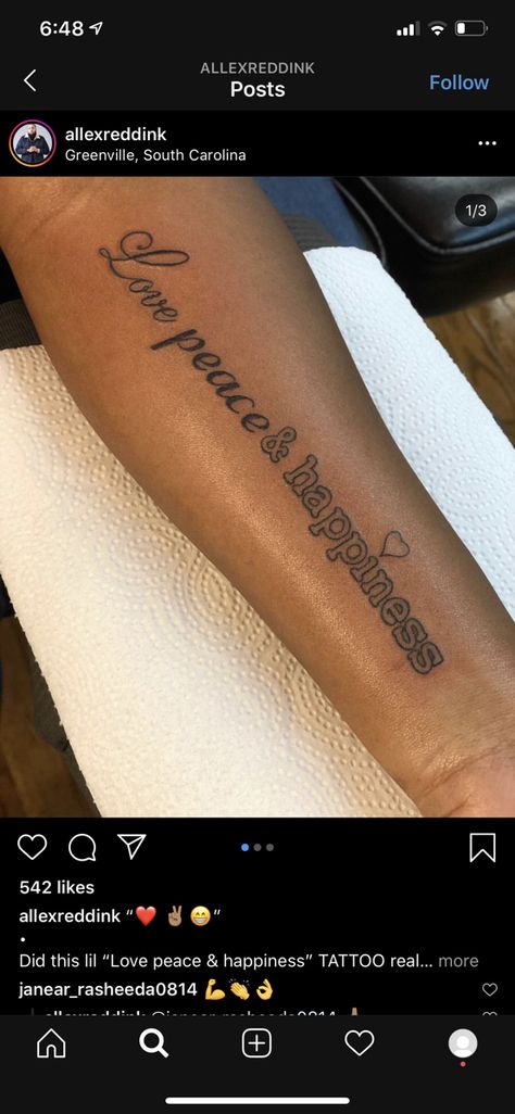 Love Peace And Happiness Tattoos, Peace Love And Happiness Tattoo, Love Peace Happiness Tattoo, Happiness Tattoo, Teenage Girl Outfits, Dope Tattoos, Piercing Tattoo, Future Tattoos, Jesus Fish Tattoo