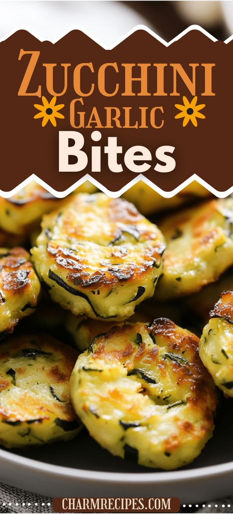 Zucchini Garlic Bites Zucchini Bites Recipes, Zucchini Bites Baked, Japanese Zucchini Recipes, Zucchini Egg Bites, Zucchini Garlic Bites, Garlic Bites, Zucchini Appetizer, Fancy Appetizer Recipes, Veggie Bites