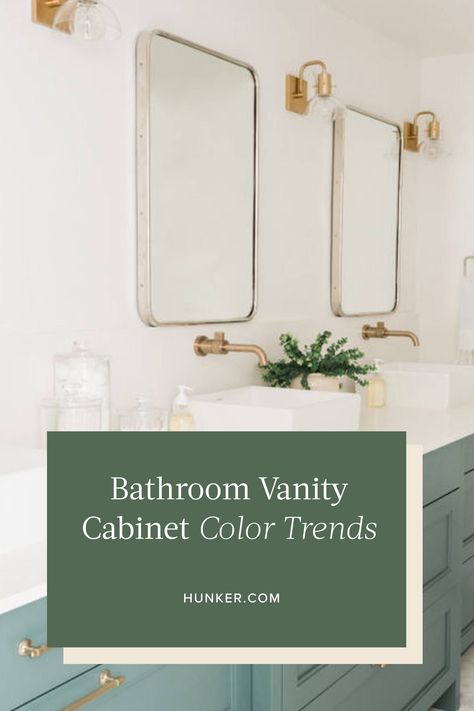 A new decade has begun, and you know what that means? Trends are shifting once again, and right now, we are loving the popular bathroom colors we're seeing. We've noticed that these current hues, from blush to blues to greens, are fresh, saturated, and all-too-obviously nod to the outdoors. #hunkerhome #bathroomcolor #bathroomtrends #bathroomtrends2021 #homedecortrends 2023 Bathroom Cabinet Color Trends, Popular Bathroom Colors, Bathroom Cabinet Colors, Hale Navy Benjamin Moore, Bathroom Vanity Cabinet, Cabinet Color, Bathroom Color, Bathroom Trends, Bathroom Vanity Cabinets