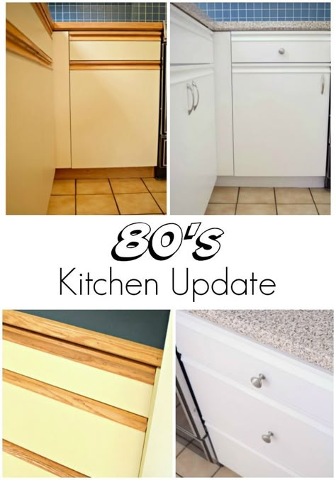 Update your ugly 80s kitchen with some paint and new hardware. This handy tutorial will show you how I transformed our melamine and oak cabinets and gave our kitchen a whole new look! #kitchen #kitchendesign #kitchenmakeover #kitchenideas 80s Kitchen, Laminate Kitchen Cabinets, Melamine Cabinets, Redo Cabinets, Painting Oak Cabinets, Laminate Cabinets, Cabinets Makeover, Laminate Kitchen, Oak Kitchen Cabinets