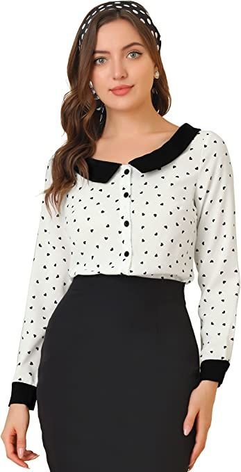 Heart Print Contrast Boat Neck Button Up Shirt #affiliatelink Blouse Boat Neck, K Heart, Heart Print Blouse, Boat Neck Long Sleeve, Black Velvet Dress, Women's Blouses, Women Long Sleeve Tops, Contrast Collar, Heart Pattern