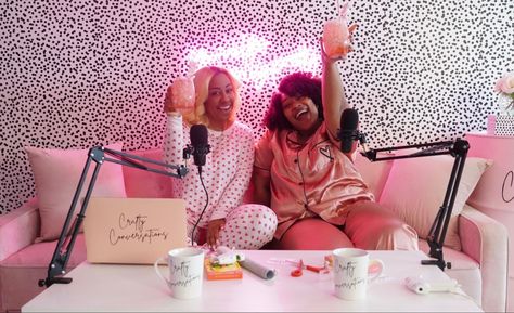 The podcast where we make shit and talk shit. Podcast Couch Set Up, Podcast Wall Decor, Couch Podcast Setup, Podcast Promo Photoshoot, Girly Podcast Aesthetic, Aesthetic Podcast Setup, At Home Podcast Set Up, Pink Podcast Studio, Pink Podcast Aesthetic