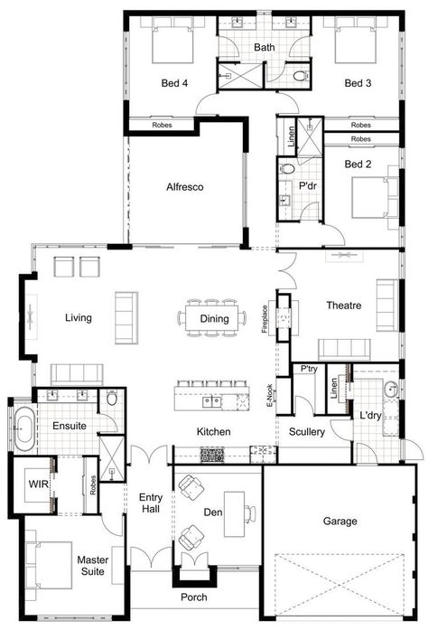 Floor Plan 4 Bedroom One Story, Two Bedroom House Design Plans, Home Plan Design, Modern Farmhouse Style Homes, Four Bedroom House Plans, 4 Bedroom House Designs, Plan Architecture, Floor Plans Ranch, Bungalow Floor Plans