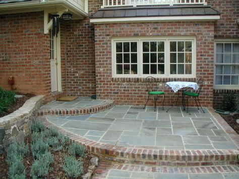 Pennsylvania Variegated Ashlar Slate cut stone patio with an antique tumbled brick border Stamped Concrete With Brick Border, Brick House Patio, Brick Border Patio, Patio With Brick Border, Bluestone And Brick, Brick And Slate Patio, Stone And Brick Patio, Bluestone And Brick Patio, Brick Border