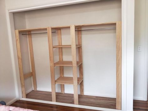 Wood Closet Shelves With Rod, Wood Closet Shelving, Pipe Closet, Wood Closet Shelves, Closet Shelving, Loft Bed Plans, Wood Closet, Free Standing Closet, Closet Renovation