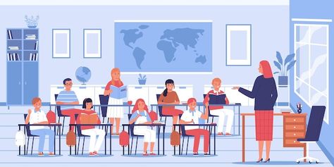 Classroom Illustration School, School Animated, Genius Test, Pubmat Ideas, Teacher Cartoon, Social Media Usage, Powerpoint Background Design, Flat Vector Illustration, Flat Vector