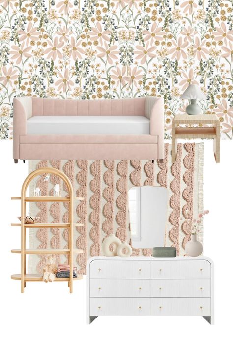 Wallpaper For Toddler Girl Room, Girly Daybed, Upholstered Daybed Room Ideas, Wallpaper In Girls Bedroom, Pink Daybed Room Ideas, Daybed Styling Ideas Bedroom, Daybed Toddler Room Girl, Kids Pink Bedroom, Day Bed Girls Room