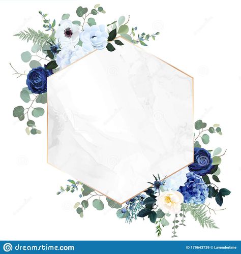 Royal blue, navy garden rose, white hydrangea flowers, anemone, thistle, eucalyptus. Illustration about botanical, anemone, black, foliage, drawing, design, geometry - 179643739 Blue Flowers Images, Boho Wedding Photography, Royal Blue Flowers, Marble Frame, Floral Cards Design, Navy Flowers, Hydrangea Flowers, Floral Border Design, Wedding Invitation Card Design