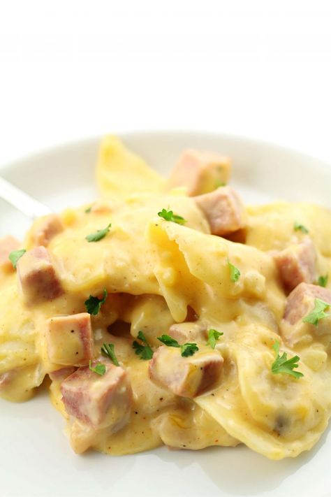 Instant Pot Scalloped Potatoes and Ham--thinly sliced potatoes and chunks of ham enveloped in a creamy, cheesy sauce. Ham And Potato Instant Pot Recipes, Instapot Scalloped Potatoes And Ham Easy, Instant Pot Ham And Scalloped Potatoes, Instant Pot Ham And Potatoes, Scalloped Potatoes And Ham Instant Pot, Easy Scalloped Potatoes And Ham, Ham Instant Pot, Ham And Potato Recipes, Instant Pot Scalloped Potatoes