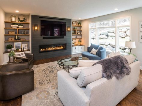 Refresh Refined - Traditional - Living Room - Minneapolis - by Great Northern Builders, LLC. | Houzz Dark Wood Floor Living Room, Wood Floor Living Room, Shiplap Fireplace Ideas, Dark Wood Floors Living Room, Dark Wood Floor, Floor Living Room, Living Room Wood Floor, Shiplap Fireplace, Living Photo