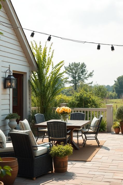 Looking to elevate your outdoor space with a touch of farmhouse charm? Check out these 15 cozy ideas to transform your backyard patio into a welcoming retreat. From rustic outdoor rugs to charming decor accents, each idea captures the essence of farmhouse style while ensuring your patio remains functional and comfortable. Whether you prefer a laid-back gathering spot or a fancy entertaining space, these suggestions will inspire you to create an enchanting outdoor area where you can relax, dine, or simply enjoy the fresh air. Get ready to embrace cozy vibes! Farmhouse Outdoor Patio, Farmhouse Style Lighting Fixtures, Cozy Ideas, Farmhouse Patio, Small Water Features, Farmhouse Outdoor, Outdoor Patios, Outdoor Patio Ideas, Entertaining Space