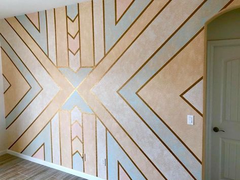 Aztec Wall Paint, Gold Paint Accent Wall, Southwestern Accent Wall, Southwest Accent Wall, Western Accent Wall, Hand Painted Accent Wall, Painted Accent Wall, Addition Ideas, Accent Wall Paint