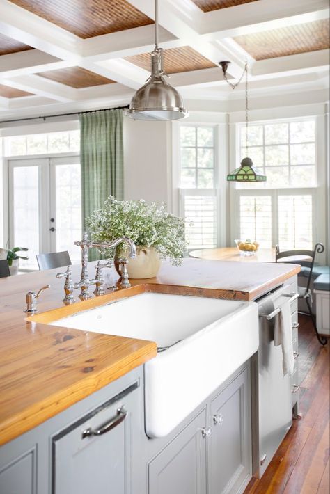 Farmers Sink Kitchen Island, Butcher Block Island With Farmhouse Sink, Blue Island With Butcher Block Top, Butcher Block Kitchen Island With Sink, Kitchen Island With Apron Sink, Craftsman Kitchen Sink, Kitchen Island Dishwasher, Apron Sink In Island, Wood Island With Sink