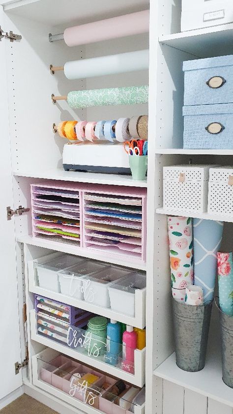 Pax Craft Storage, Ikea Pax Craft Room, Hobby Room Design Small Spaces, Office Craft Room Combo, Craft Organisation, Craft Cupboard, Craft Closet, Office Decor Home, Home Office Inspiration