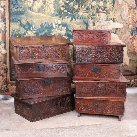 17th century carved oak boxes - Marhamchurch Antiques Locke Lamora, Tudor Decor, Antique Wooden Boxes, Trunks And Chests, Carved Furniture, Blanket Chest, Medieval Period, Wooden Chest, Antique Boxes