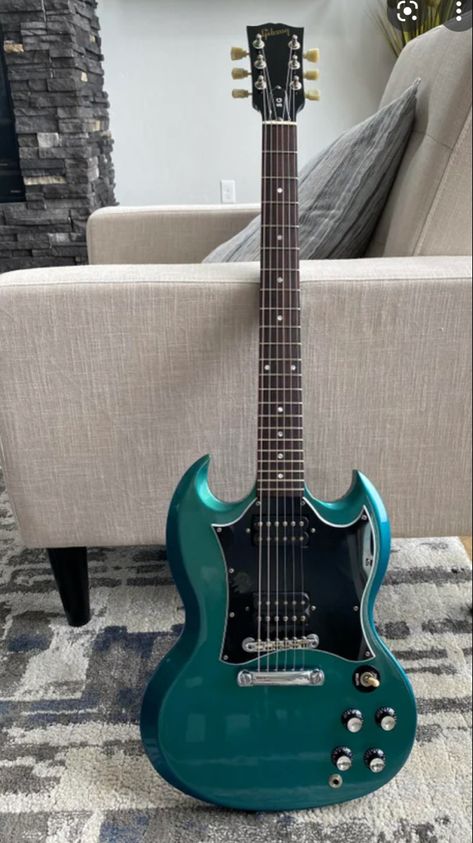 Teal Electric Guitar, Teal Guitar, Sg Guitar, Electric Guitar Design, Guitar Obsession, Hobbies For Men, Cool Electric Guitars, Gibson Sg, Rock Guitar