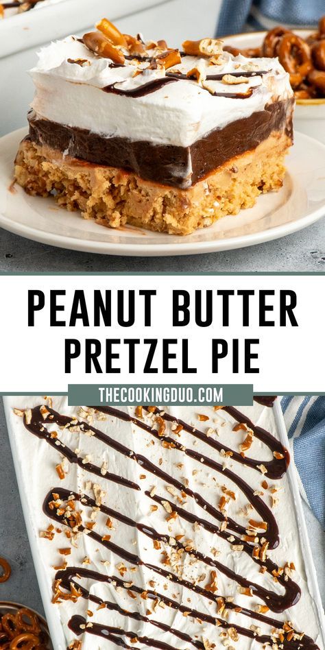 This chocolate peanut butter pretzel pie is a luscious dessert combining a buttery, salty pretzel crust with layers of rich, no-bake peanut butter cheesecake and pudding and topped with a sweet and salty topping of whipped cream, crushed pretzels, and chocolate sauce. No Bake Peanut Butter Chocolate Pretzel, Easy No Bake Dessert Dips, Easy Dessert For Family Dinner, No-bake Peanut Butter Chocolate Pretzel Pie, Best Reeses Desserts, No Bake Peanut Butter Chocolate Pretzel Pie, Caramel Pretzel Dessert, Fun Simple Desserts, Peanut Pretzel Pie