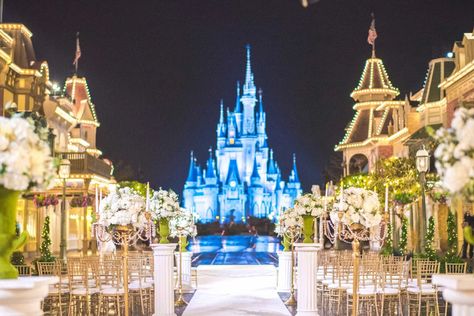 Wedding ceremony set up in front of Cinderella's Castle at Magic Kingdom Walt Disney World Disney Wedding Venue, Night Time Wedding, Disney World Wedding, Wilderness Resort, Orlando Wedding Venues, Cinderella's Castle, Fort Wilderness, Disney Fairy Tale Weddings, Disney Fairy