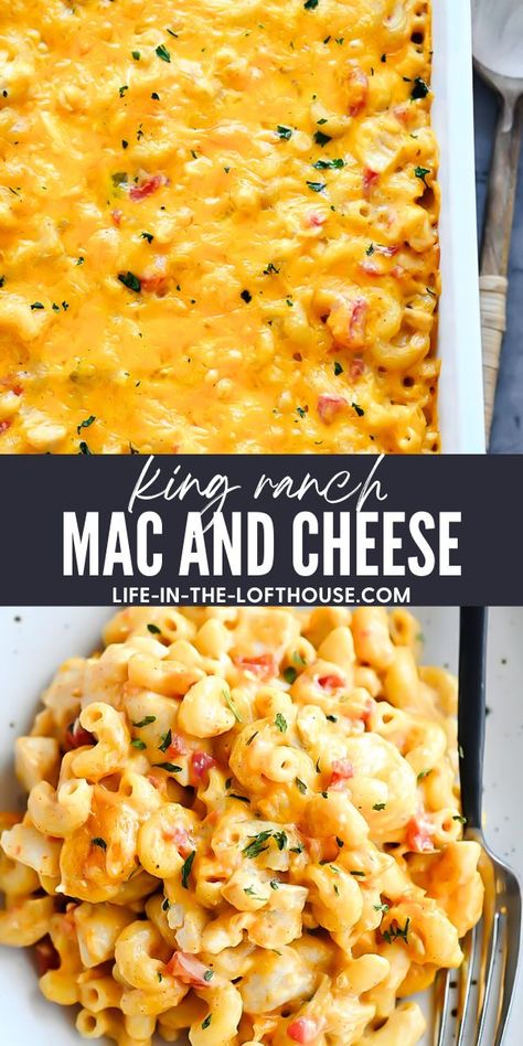 This Mac and Cheese is loaded with chicken, tomatoes, green chilies and more! Ranch Mac And Cheese, Life In The Lofthouse, Chicken Tomatoes, King Ranch Chicken, Mac And Cheese Casserole, Banana Peppers, Chicken Dinners, King Ranch, Diced Tomatoes