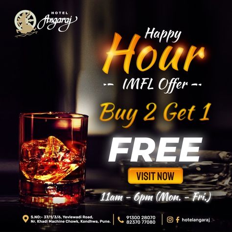 Happy Hour IMFZ Offer | Social Media Liquor / Drink Post Valentine Promo, Hotel Marketing Design, Wine Advertising, Bar Banner, Food Creatives, Coffee Poster Design, Shadi Card, Graphic Design Inspiration Poster, Beer Tower