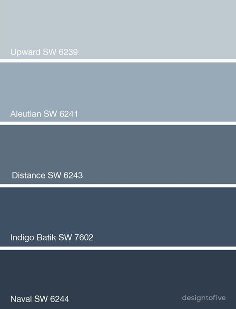 Paint color palette with shades of blue. Color names Upward SW 6239 Aleutian SW 6241 Distance SW 6243 Indigo Batik SW 7602 Naval SW 6244 Benjamin Moore Purple, Steel Blue Paint, Sherwin Williams Blue, Gray Paint Colors, Blue Gray Paint Colors, Blue Accent Walls, Blue Gray Paint, Paint Color Inspiration, Sherwin Williams Colors