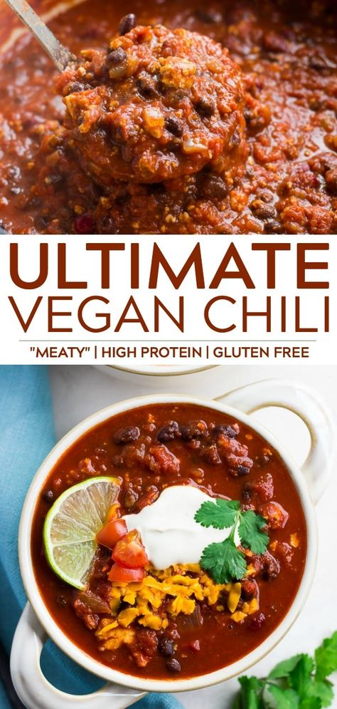 Ultimate Vegan Chili is sure to please even the most devout meat-eater! High protein, gluten free and plant based. #vegan #plantbased High Protein Gluten Free, Vegan Chili Recipe, Vegan Chilli, Meat Eater, Vegetarian Nutrition, Vegan Recipes Plant Based, Plant Based Diet Recipes, Vegan Chili, Vegan Main Dishes