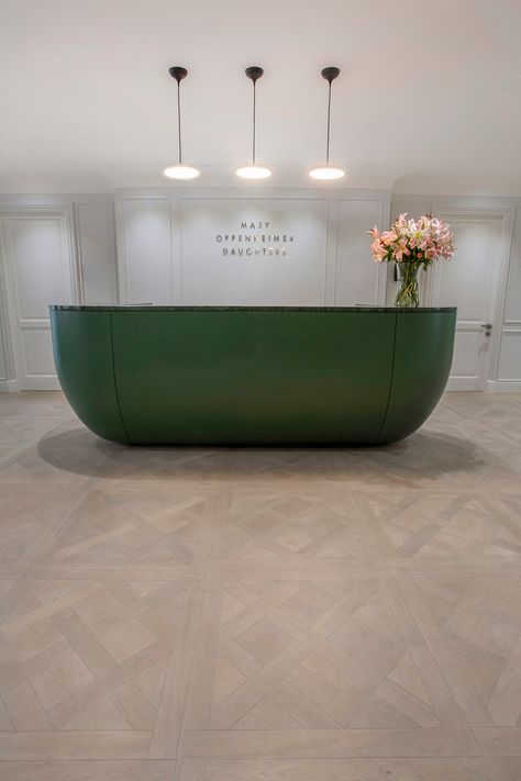 Green Reception Desk, Green Reception, Meeting Room Furniture, Reception Desk Office, Classical Interior, Dado Rail, Wall Opening, Hospital Interior Design, Counter Design