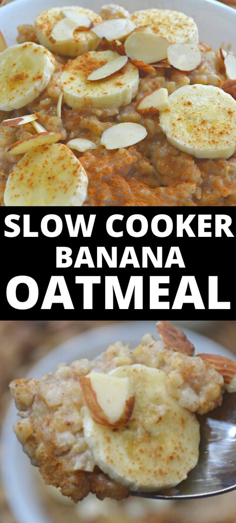 This Slow Cooker Oatmeal with banana and cinnamon is made with steel cut oats, brown sugar and milk. Its so easy to cook it in a crockpot overnight for a healthy breakfast recipe. #oatmeal #slowcooker #crockpot Crockpot Oatmeal Overnight, Slow Cooker Oatmeal Recipes, Slow Cooker Oats, Oatmeal Recipes Crockpot, Steel Cut Oatmeal Recipes, Banana And Cinnamon, Overnight Oatmeal Healthy, Recipe Oatmeal, Crockpot Oatmeal