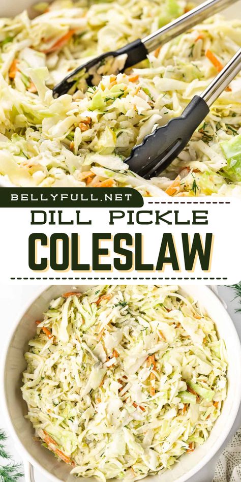 Add a tangy twist to your summer spread with this Dill Pickle Coleslaw recipe! Crunchy cabbage, zesty dill pickles, onions, and carrots coated in a creamy mayo-based dressing for a tangy, crunchy sensation that's perfect for any BBQ! A simple summer side dish that is sure to impress! Dill Pickle Coleslaw Recipe, Pickle Coleslaw Recipe, Dill Coleslaw Recipe, Pickled Coleslaw Recipe, Dill Pickle Recipe Dishes, Garlic Coleslaw Recipe, Bbq Coleslaw Recipe, Coleslaw Recipe For Pulled Pork, Summer Coleslaw Recipe