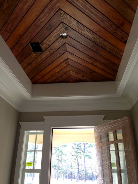 Foyer~Penny Width Pine Paneling~Tongue & Groove Ceiling Wooden Ceiling Design, Tongue And Groove Ceiling, Porch Ceiling, Christmas House Lights, Wooden Ceiling, Wood Scraps, Wood Ceiling, Foyer Decorating, Tray Ceiling