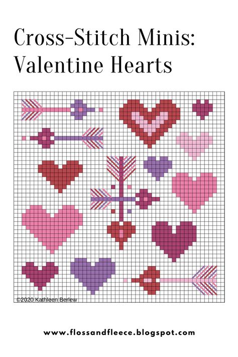 Mini Valentine cross-stitch hearts designed by Kathleen Berlew (Floss & Fleece). Free chart. #flossandfleece #freecrossstitchchart #crossstitch #xstitch #xstitching Hearts Cross Stitch Patterns, Mini Heart Cross Stitch, Small Heart Cross Stitch, Cross Stitch Heart Pattern Free, Tiny Cross Stitch Heart, Small Heart Cross Stitch Pattern, Heart Cross Stitch Pattern Free, Valentine’s Day Cross Stitch, Valentine Cross Stitch Patterns Free