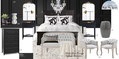 bedroom design ideas glam - Google Search Black And White Glam Bedroom, Modern Bedroom Black, Glam Chic Bedroom, Black And White Bedroom Decor, Glam Bedroom Design, Vintage Modern Bedroom, Male Bedroom Ideas, Dark Bedroom Furniture, Living Room Redesign