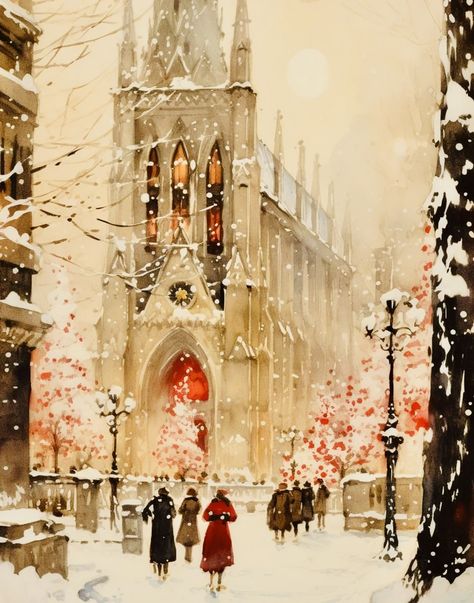 Christmas Cathedral, Painting Classic, Beautiful Christmas Scenes, A Vintage Christmas, A Snowy Day, Christmas Church, Watercolor Architecture, Christmas Town, Valentines Art